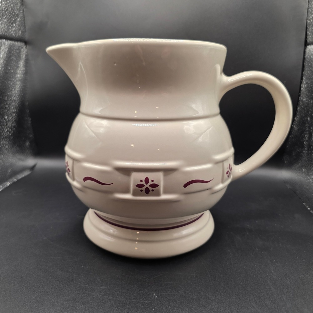 Longaberger Pottery Woven Traditions Ivory Heritage Pitcher Burgundy Made in USA